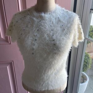 Muse White Fuzzy Sweater with Rhinestone Accents